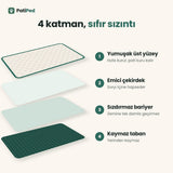 PatiPed 4 katman: yumuşak üst yüzey, emici çekirdek, sızdırmaz bariyer, kaymaz taban