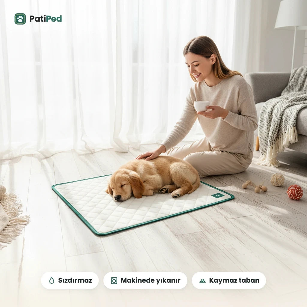 Kahvesini içen kadın ve PatiPed ped üzerinde uyuyan golden yavru